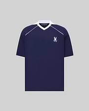 Mens Toby Jersey navy collared V-neck shirt with white raglan stripes, embroidered white Psycho Bunny skull logo on left chest. Relaxed fit jersey, small brand text on collar. (5)