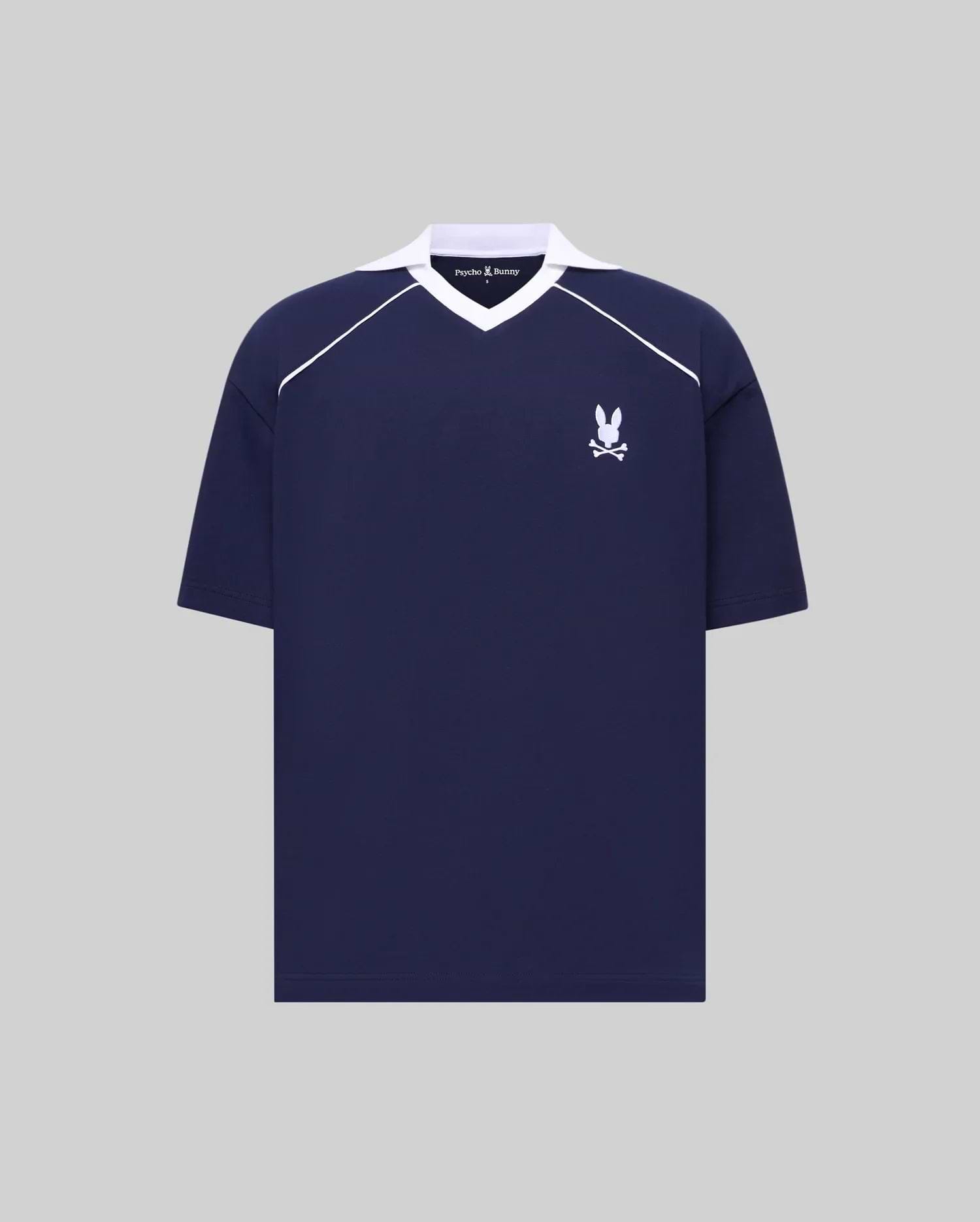 Mens Toby Jersey navy collared V-neck shirt with white raglan stripes, embroidered white Psycho Bunny skull logo on left chest. Relaxed fit jersey, small brand text on collar. (5)