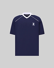 Mens Toby Jersey navy collared V-neck shirt with white raglan stripes, embroidered white Psycho Bunny skull logo on left chest. Relaxed fit jersey, small brand text on collar. (5)