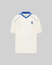Mens Toby Jersey, a cream relaxed fit jersey with a royal blue V-neck collar, raglan piping, and a small embroidered royal blue Psycho Bunny skull logo on the left chest. (5)
