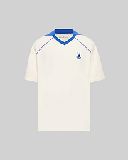Mens Toby Jersey, a cream relaxed fit jersey with a royal blue V-neck collar, raglan piping, and a small embroidered royal blue Psycho Bunny skull logo on the left chest. (5)