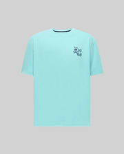 Mens Luke Back Graphic Tee: Relaxed fit aqua jersey t-shirt with a small dark blue double Psycho Bunny skull and crossbones graphic on the front left chest and a navy neck trim. (5)