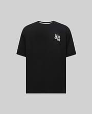 Mens Luke Back Graphic Tee, a black relaxed fit jersey knit t-shirt featuring a small white iconic Psycho Bunny skull and patterned bunny graphic on the left chest.