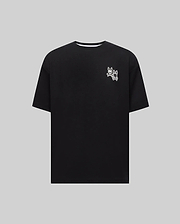 Mens Luke Back Graphic Tee, a black relaxed fit jersey knit t-shirt featuring a small white iconic Psycho Bunny skull and patterned bunny graphic on the left chest.