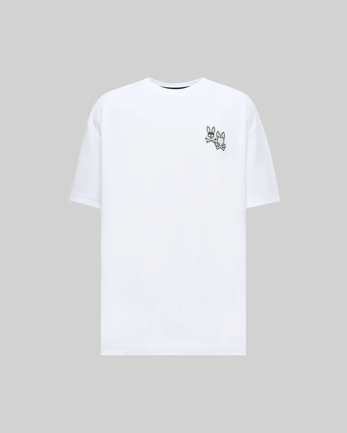 White Mens Luke Back Graphic Tee, a relaxed fit jersey t-shirt featuring two small dark green Psycho Bunny skull and crossbones logos on the left chest.