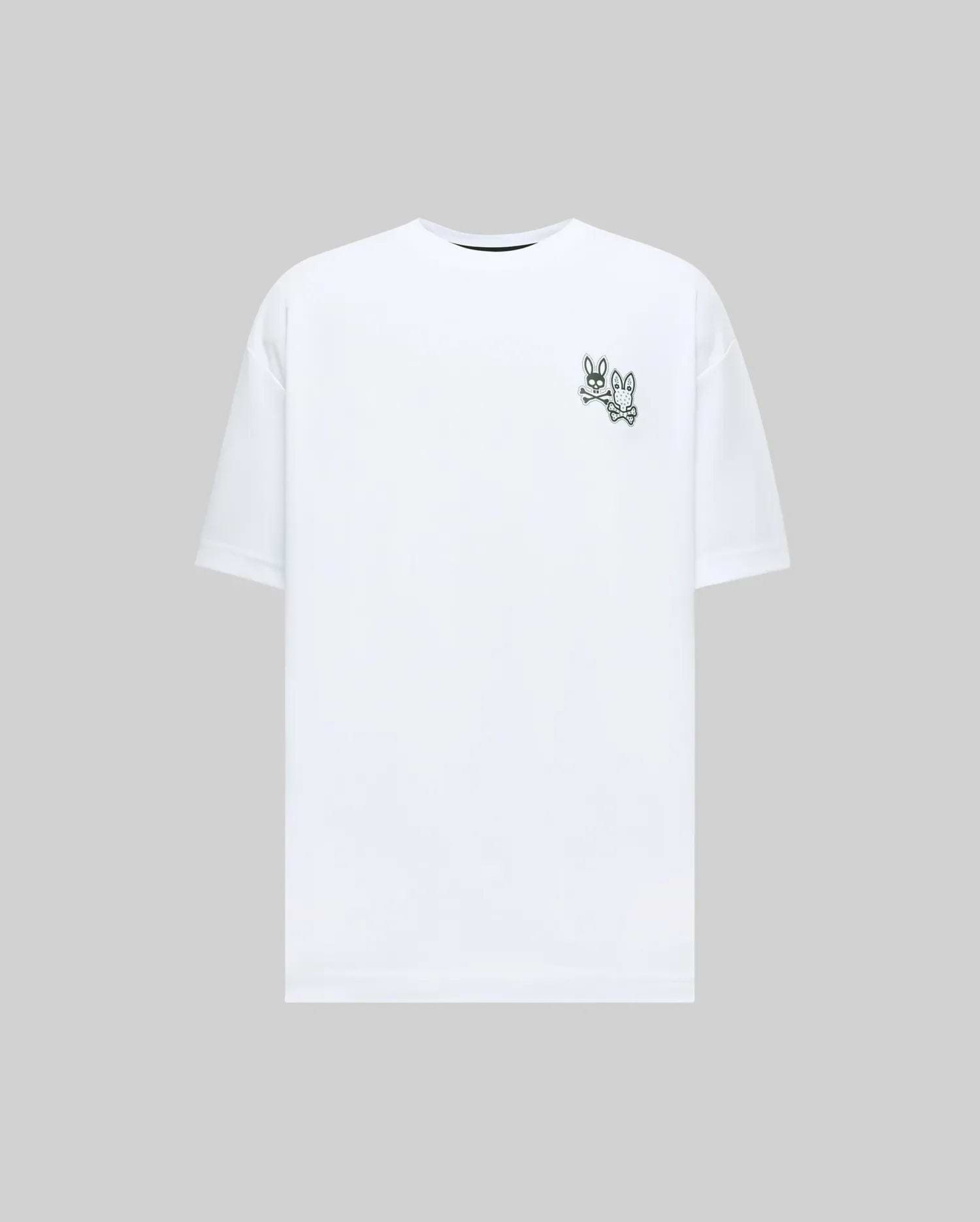 White Mens Luke Back Graphic Tee, a relaxed fit jersey t-shirt featuring two small dark green Psycho Bunny skull and crossbones logos on the left chest.