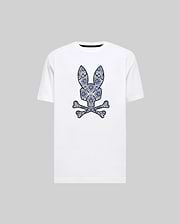 Mens Luke Graphic Tee, white classic fit jersey t-shirt with a large, centered Psycho Bunny skull and crossbones logo featuring a blue, pink, and purple floral pattern. (1)