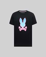 Mens Caspian Graphic Tee. Black classic fit jersey tee with a large gradient pink and blue bunny skull and crossbones graphic on the chest and pink Psycho Bunny neck tape.