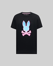 Mens Caspian Graphic Tee. Black classic fit jersey tee with a large gradient pink and blue bunny skull and crossbones graphic on the chest and pink Psycho Bunny neck tape.