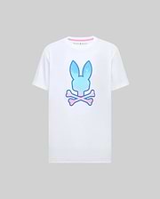 Mens Caspian Graphic Tee, white classic fit jersey t-shirt featuring a large blue and pink gradient Psycho Bunny skull graphic on the chest and a small embroidered logo on the collar.