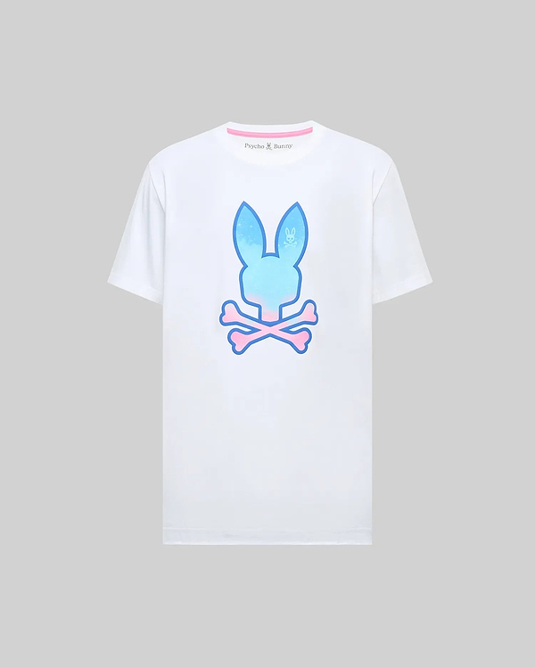 Mens Caspian Graphic Tee, white classic fit jersey t-shirt featuring a large blue and pink gradient Psycho Bunny skull graphic on the chest and a small embroidered logo on the collar.