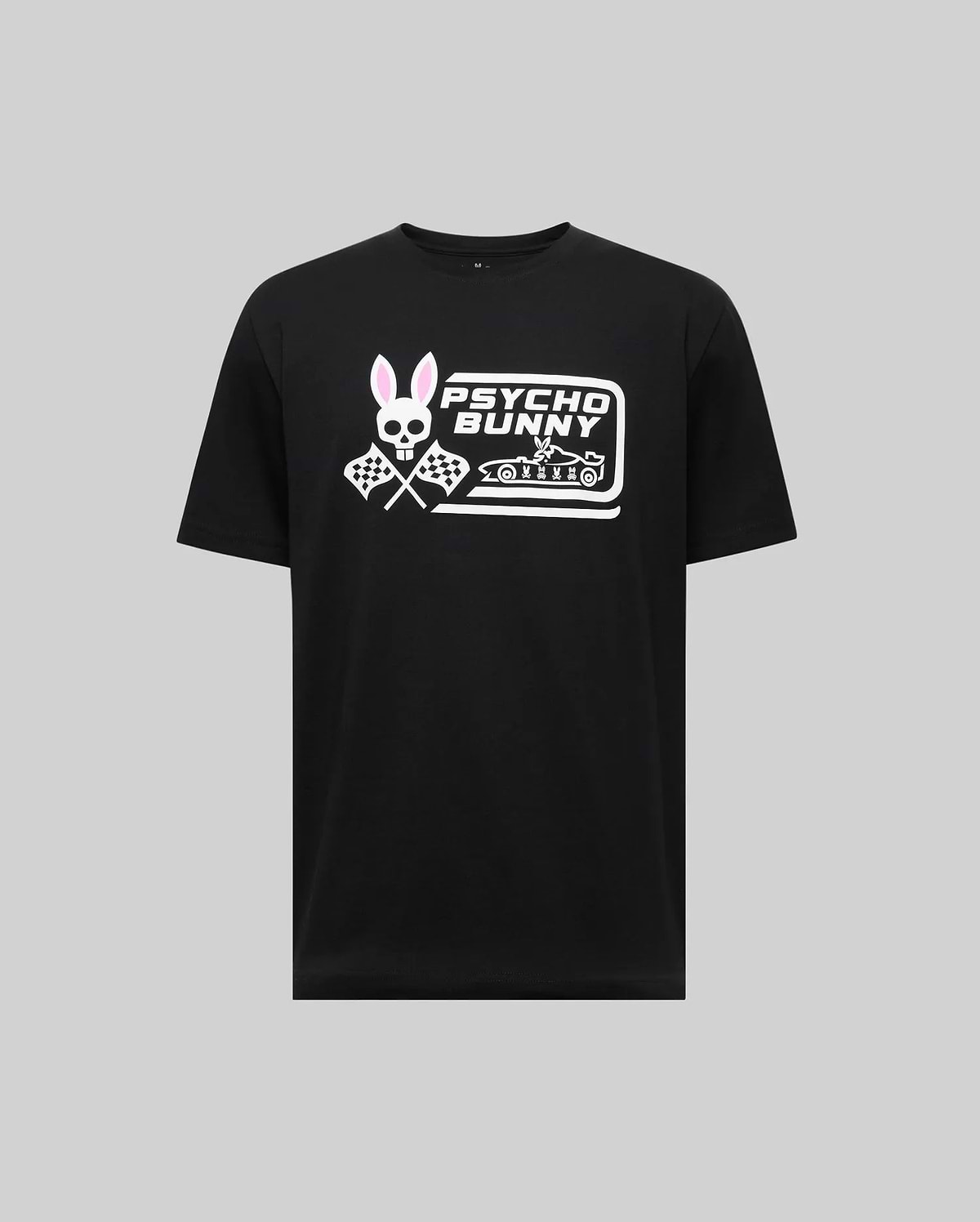 The Psycho Bunny MENS RACING GRAPHIC TEE (MT0200243) is a black Pima cotton shirt with a white skull, pink bunny ears, crossed checkered flags, and racing-themed "Psycho Bunny" logo on the chest—ideal for fans of racing fashion. (1)