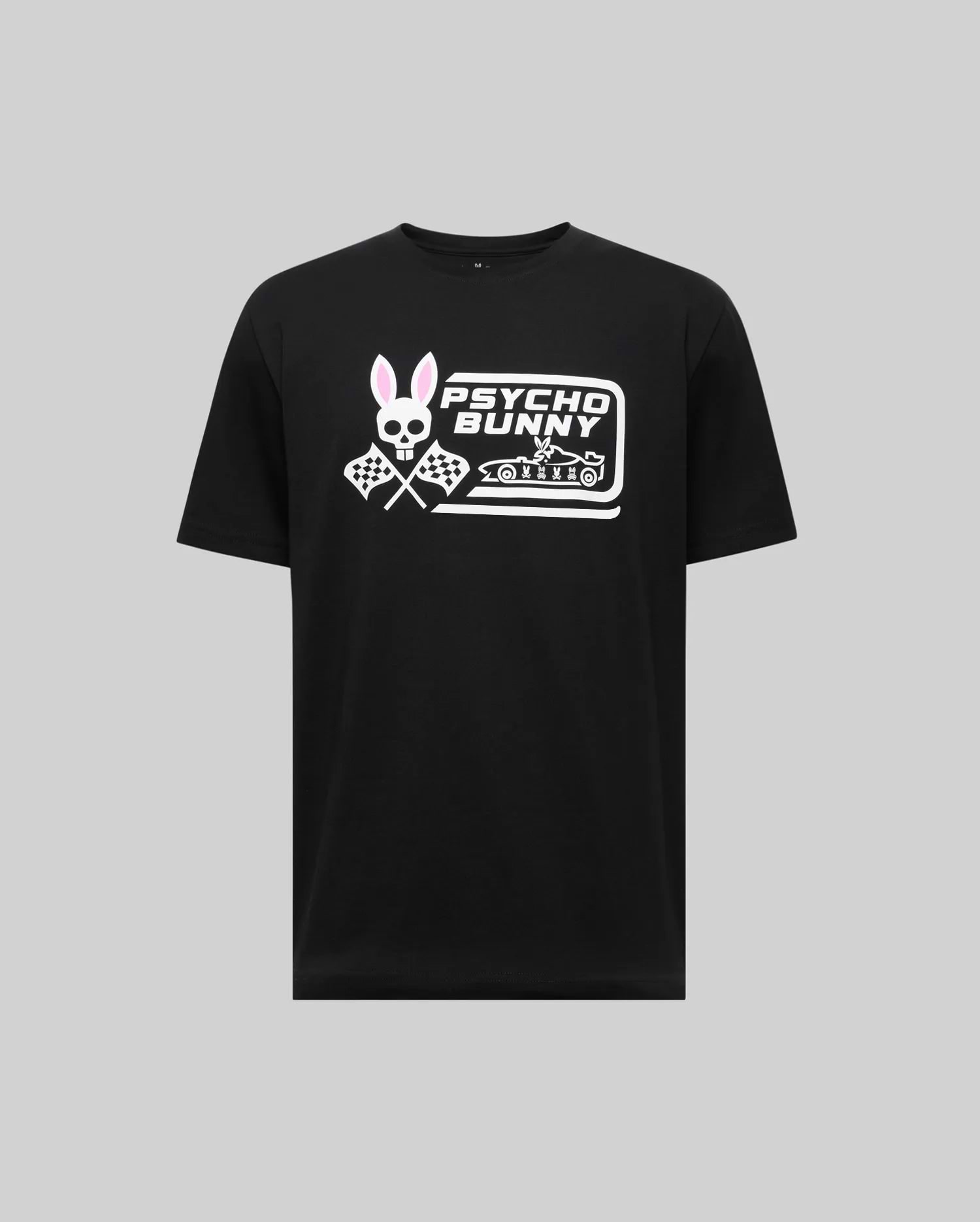 The Psycho Bunny MENS RACING GRAPHIC TEE (MT0200243) is a black Pima cotton shirt with a white skull, pink bunny ears, crossed checkered flags, and racing-themed "Psycho Bunny" logo on the chest—ideal for fans of racing fashion. (1)