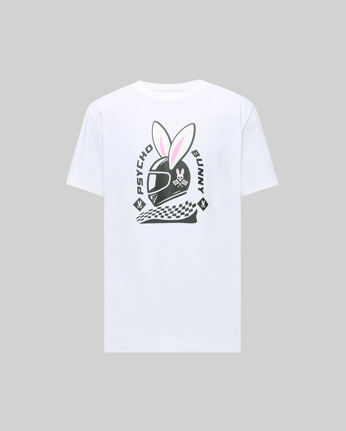 The Psycho Bunny MENS RACING BUNNY GRAPHIC TEE (MT0200245) is a white Pima cotton T-shirt featuring a helmeted bunny head with pink ears, checkered flag, and bold "Psycho Bunny" text on the back against a light grey background. (1)