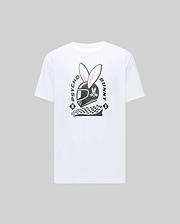 The Psycho Bunny MENS RACING BUNNY GRAPHIC TEE (MT0200245) is a white Pima cotton T-shirt featuring a helmeted bunny head with pink ears, checkered flag, and bold "Psycho Bunny" text on the back against a light grey background. (1)