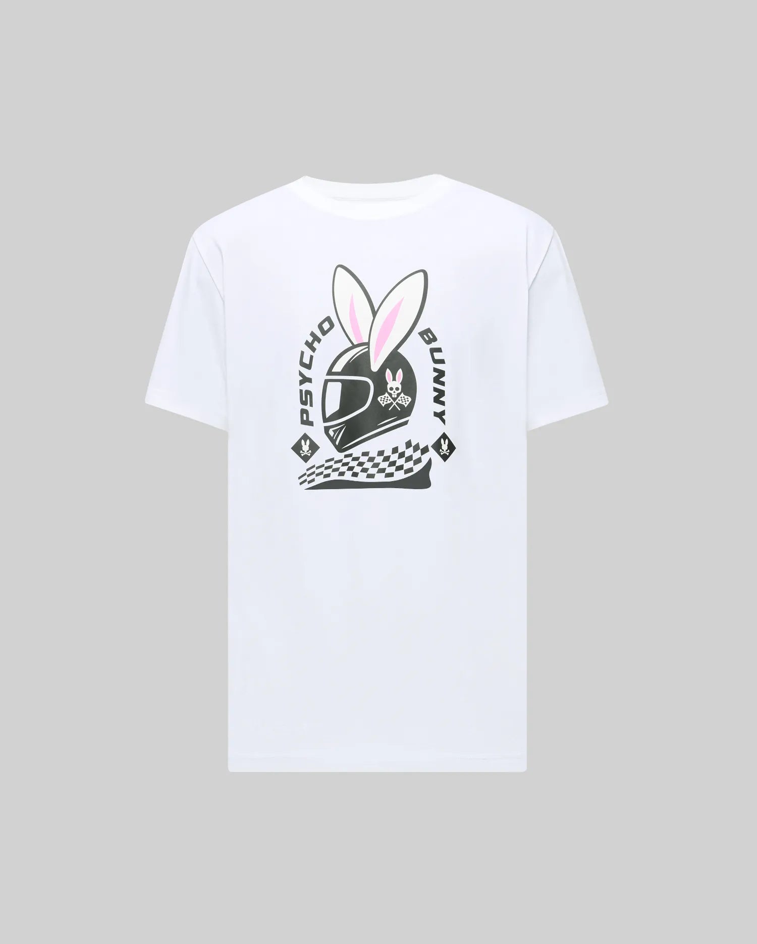 The Psycho Bunny MENS RACING BUNNY GRAPHIC TEE (MT0200245) is a white Pima cotton T-shirt featuring a helmeted bunny head with pink ears, checkered flag, and bold "Psycho Bunny" text on the back against a light grey background. (1)