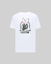 The Psycho Bunny MENS RACING BUNNY GRAPHIC TEE (MT0200245) is a white Pima cotton T-shirt featuring a helmeted bunny head with pink ears, checkered flag, and bold "Psycho Bunny" text on the back against a light grey background. (1)