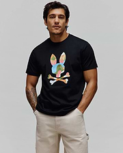 Mens Ara Graphic Tee in black, featuring a classic fit and soft jersey fabric. Large, multi-color abstract geometric Psycho Bunny skull logo printed on the center chest. (2)