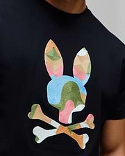 Mens Ara Graphic Tee, black classic fit jersey knit with a large, central multicolor geometric embroidered Psycho Bunny skull logo in pink, blue, green, beige, and white. (3)