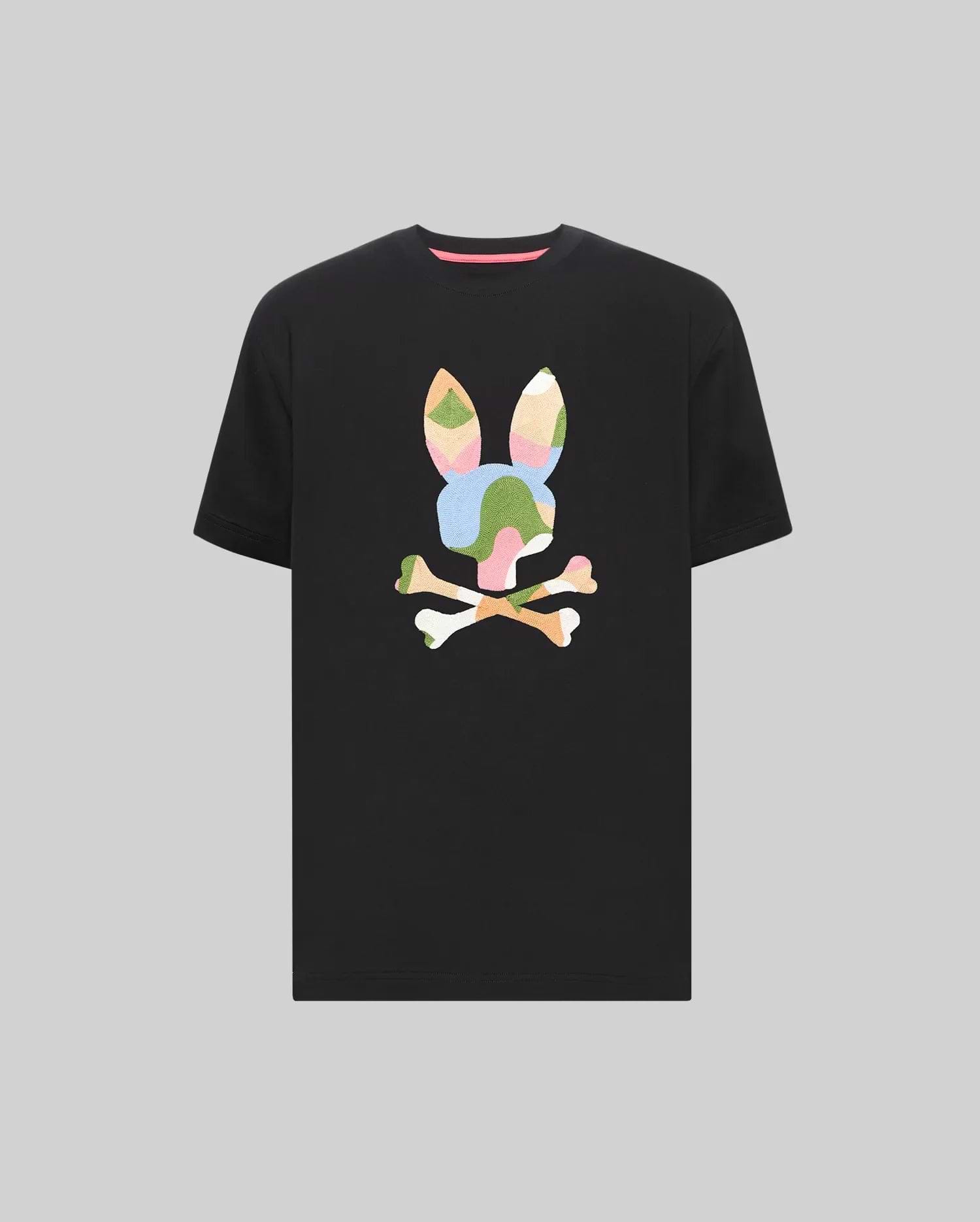 Mens Ara Graphic Tee, black classic fit jersey t-shirt featuring a large, multi-color abstract patterned Psycho Bunny skull and crossbones logo on the center chest. (1)
