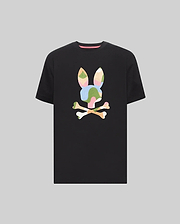 Mens Ara Graphic Tee, black classic fit jersey t-shirt featuring a large, multi-color abstract patterned Psycho Bunny skull and crossbones logo on the center chest. (1)