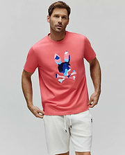 Mens Ara Graphic Tee in coral pink jersey knit, featuring a classic fit and a large central chest graphic of the iconic Psycho Bunny skull logo with blue, light blue, pink, and white geometric accents. (4)