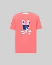 Mens Ara Graphic Tee, a classic fit coral jersey t-shirt featuring a large, centered Psycho Bunny skull logo with a vibrant blue, pink, and white camouflage pattern. (1)