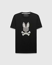 Black Mens Brad Graphic Tee, a classic fit jersey t-shirt featuring a large white Psycho Bunny skull logo on the chest, intricately filled with palm trees and mini bunny skulls. (1)