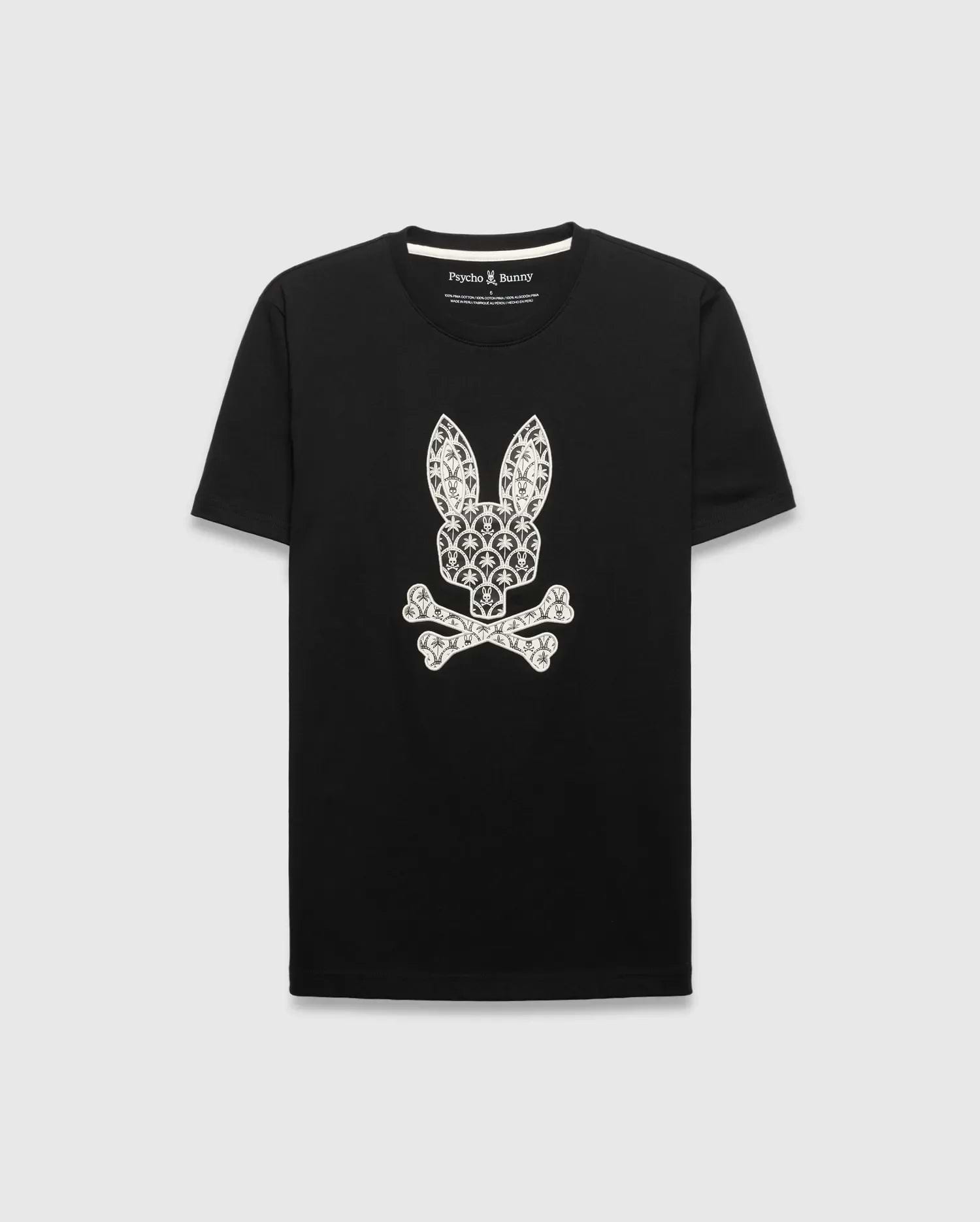 Black Mens Brad Graphic Tee, a classic fit jersey t-shirt featuring a large white Psycho Bunny skull logo on the chest, intricately filled with palm trees and mini bunny skulls. (1)