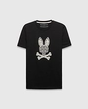 Black Mens Brad Graphic Tee, a classic fit jersey t-shirt featuring a large white Psycho Bunny skull logo on the chest, intricately filled with palm trees and mini bunny skulls. (1)