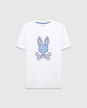 White Mens Brad Graphic Tee, classic fit jersey with a large central blue and cream patterned bunny skull logo and blue Psycho Bunny neck tape. (1)
