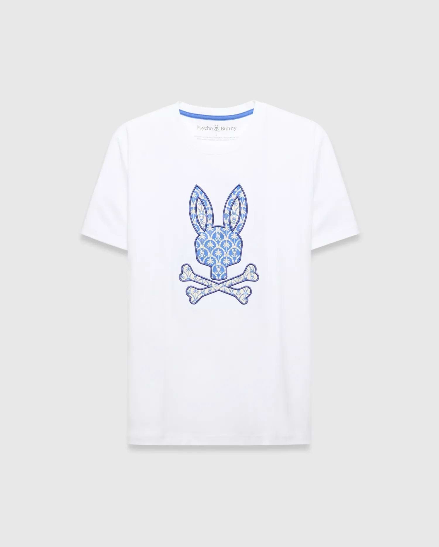White Mens Brad Graphic Tee, classic fit jersey with a large central blue and cream patterned bunny skull logo and blue Psycho Bunny neck tape. (1)