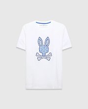 White Mens Brad Graphic Tee, classic fit jersey with a large central blue and cream patterned bunny skull logo and blue Psycho Bunny neck tape. (1)
