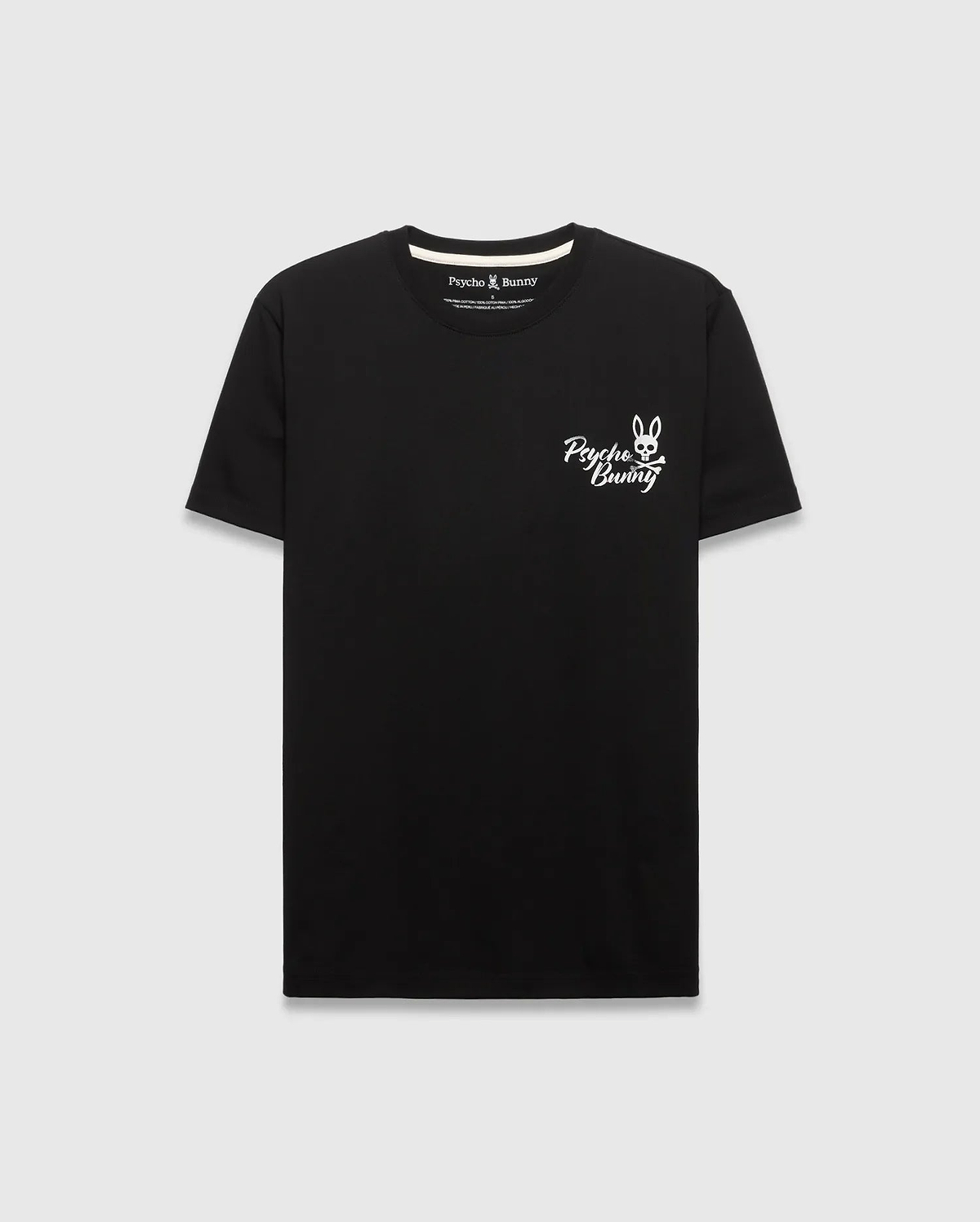 Black Mens Colin Back Graphic Tee, a classic fit jersey t-shirt, features a small white Psycho Bunny skull and crossbones logo with script text on the left chest. (5)
