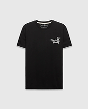 Black Mens Colin Back Graphic Tee, a classic fit jersey t-shirt, features a small white Psycho Bunny skull and crossbones logo with script text on the left chest. (5)