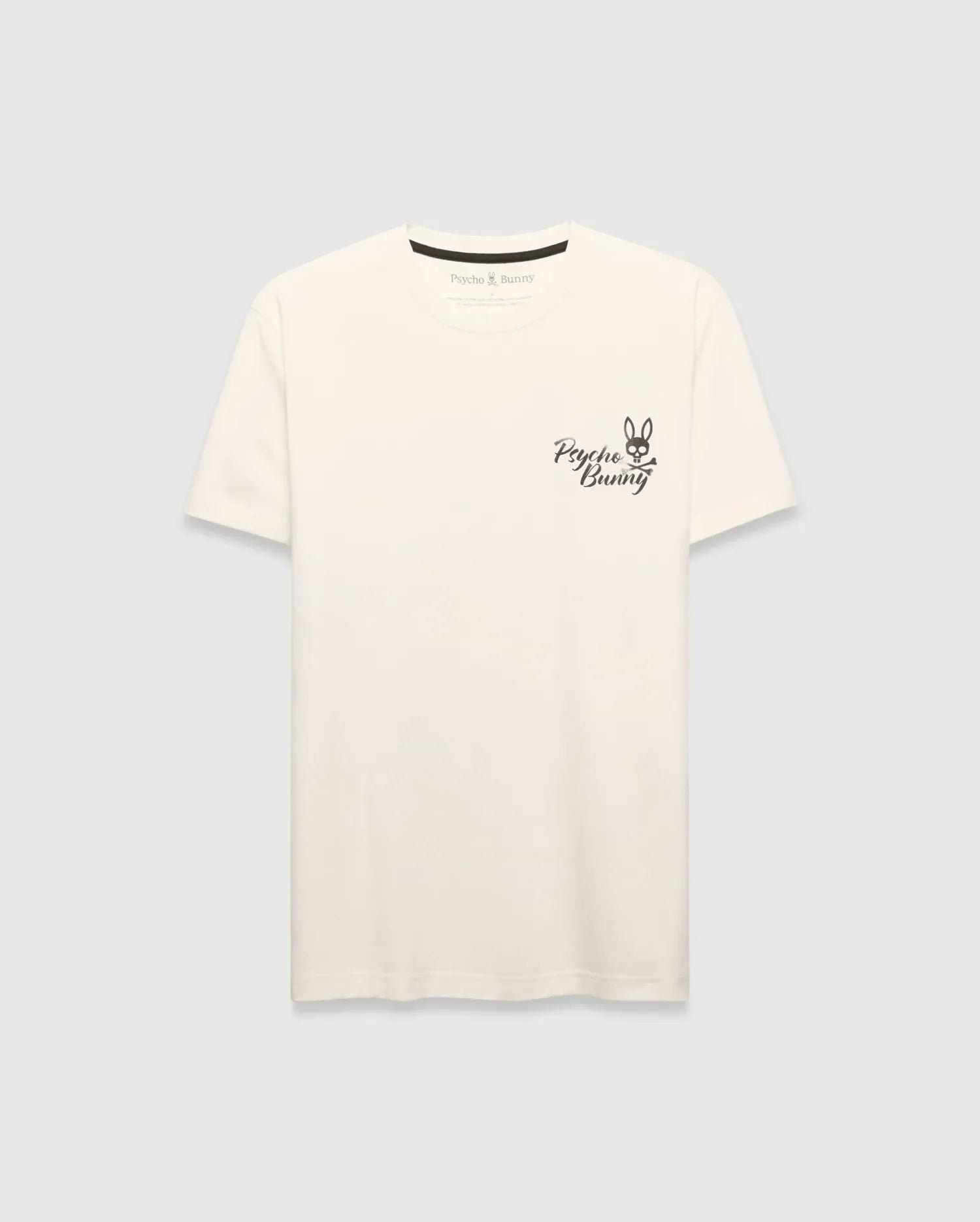 Mens Colin Back Graphic Tee, a cream classic-fit jersey t-shirt with a small black embroidered Psycho Bunny skull logo and script text on the left chest.