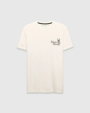 Mens Colin Back Graphic Tee, a cream classic-fit jersey t-shirt with a small black embroidered Psycho Bunny skull logo and script text on the left chest.