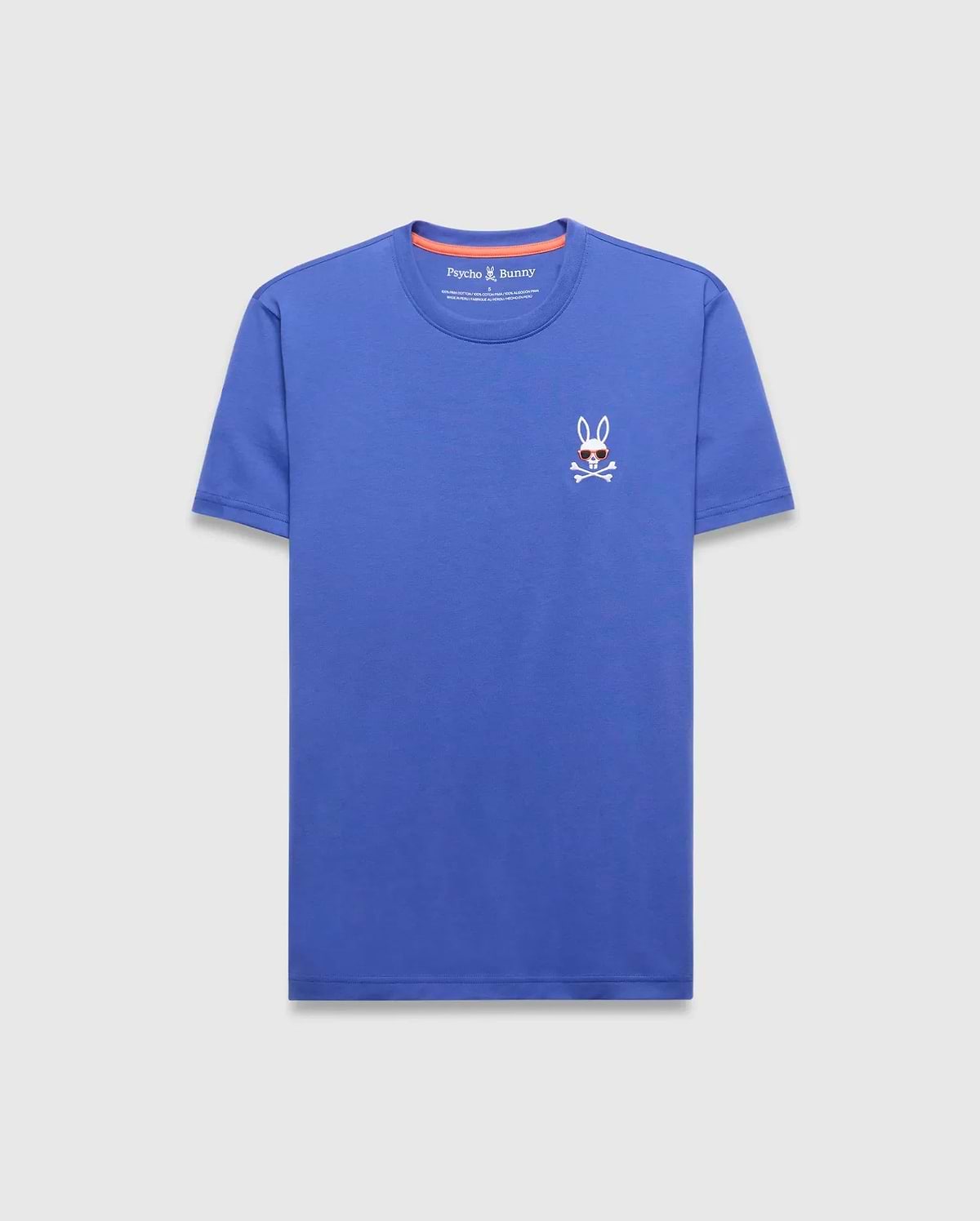 Mens Sunny Chest Graphic Tee, a classic fit blue jersey t-shirt featuring a small embroidered white Psycho Bunny skull logo with red sunglasses on the left chest and orange neck tape. (1)
