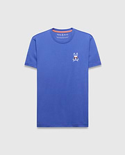 Mens Sunny Chest Graphic Tee, a classic fit blue jersey t-shirt featuring a small embroidered white Psycho Bunny skull logo with red sunglasses on the left chest and orange neck tape. (1)