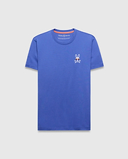 Mens Sunny Chest Graphic Tee, a classic fit blue jersey t-shirt featuring a small embroidered white Psycho Bunny skull logo with red sunglasses on the left chest and orange neck tape. (1)