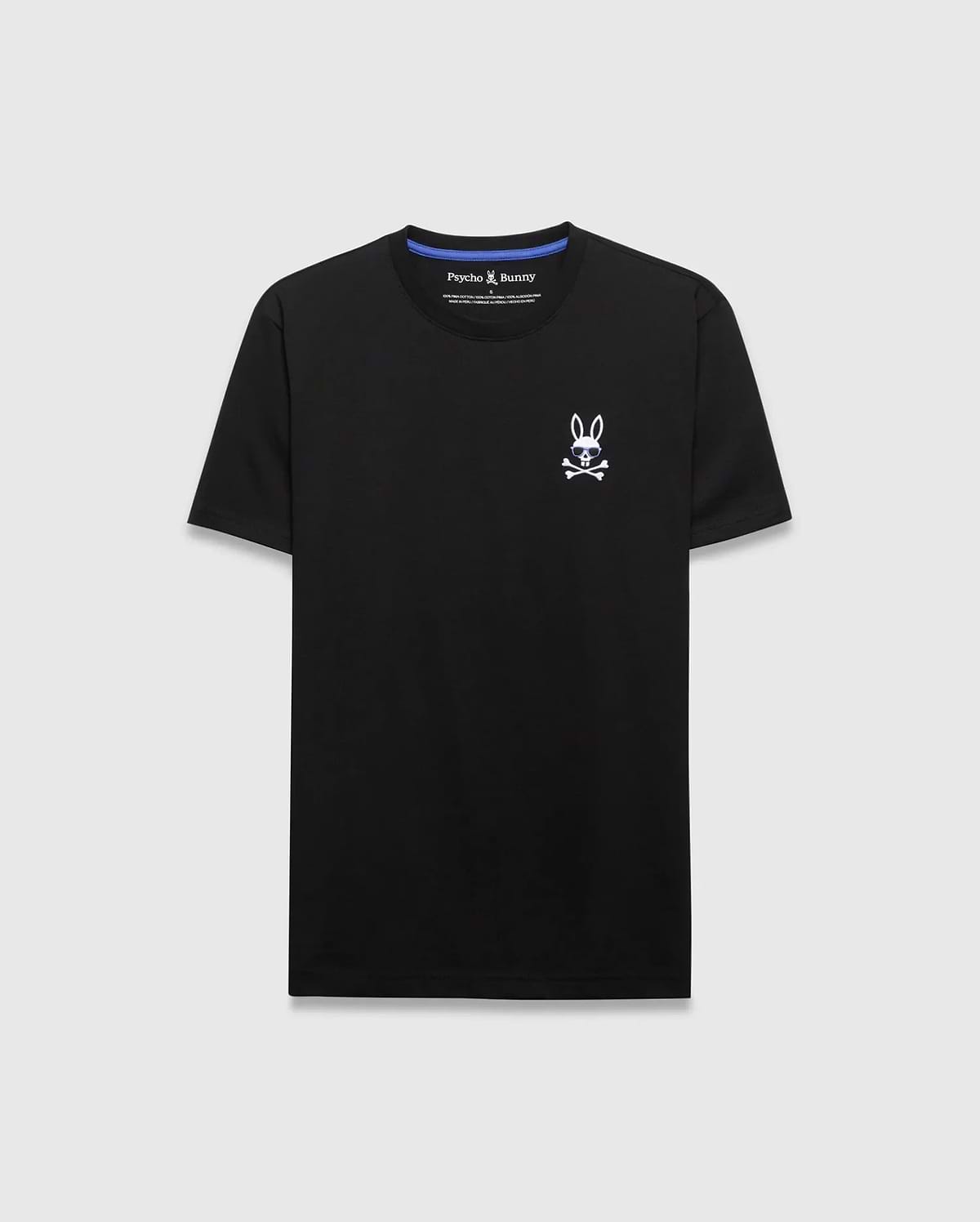 Black classic fit jersey T-shirt featuring a small embroidered white Psycho Bunny skull and crossbones logo with blue sunglasses on the left chest. Mens Sunny Chest Graphic Tee. (1)