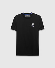 Black classic fit jersey T-shirt featuring a small embroidered white Psycho Bunny skull and crossbones logo with blue sunglasses on the left chest. Mens Sunny Chest Graphic Tee. (1)