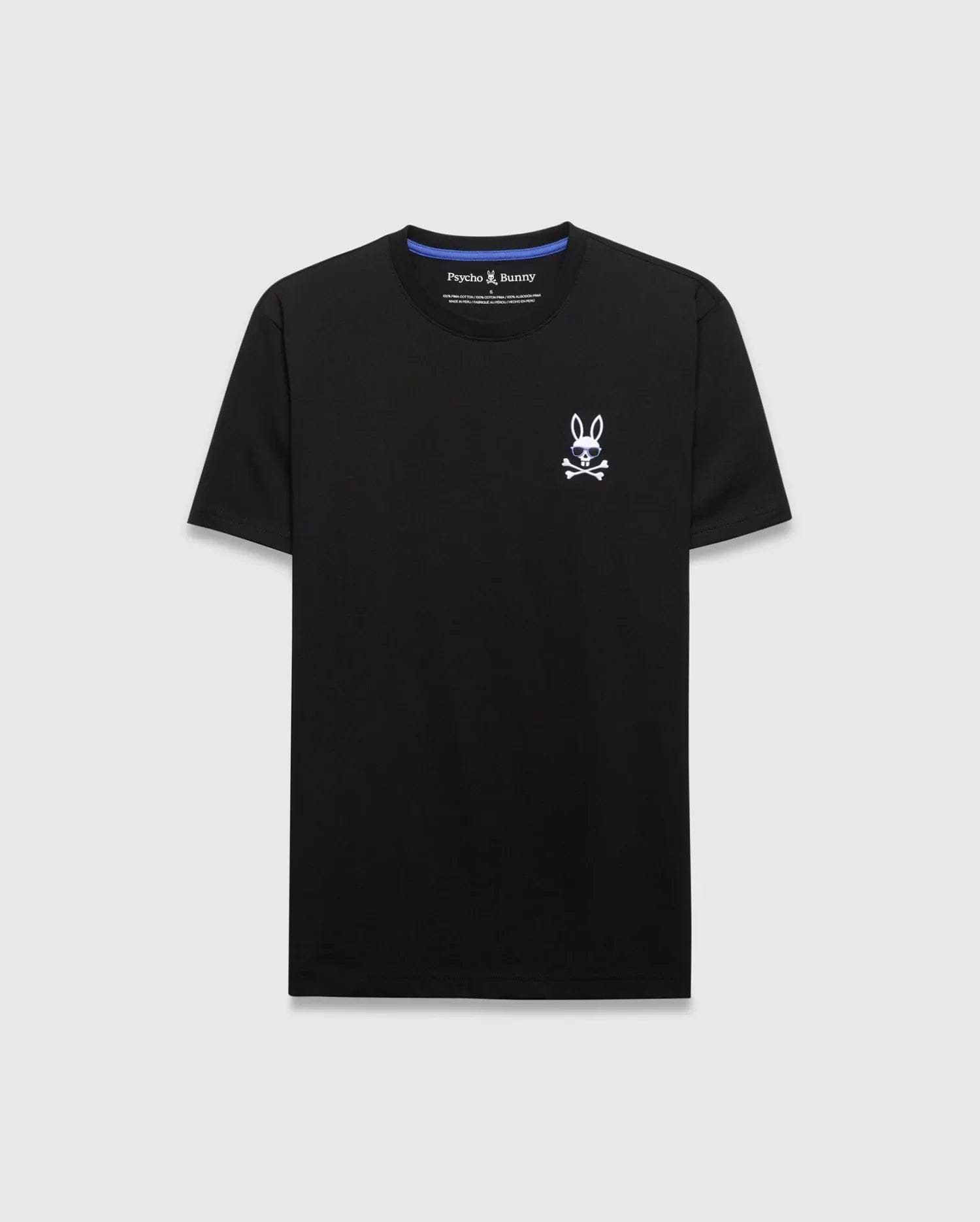 Black classic fit jersey T-shirt featuring a small embroidered white Psycho Bunny skull and crossbones logo with blue sunglasses on the left chest. Mens Sunny Chest Graphic Tee. (1)