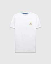 Mens Sunny Chest Graphic Tee, a classic fit white jersey t-shirt featuring a small embroidered gold Psycho Bunny skull logo with black sunglasses and white crossbones on the left chest, with blue inner collar trim.