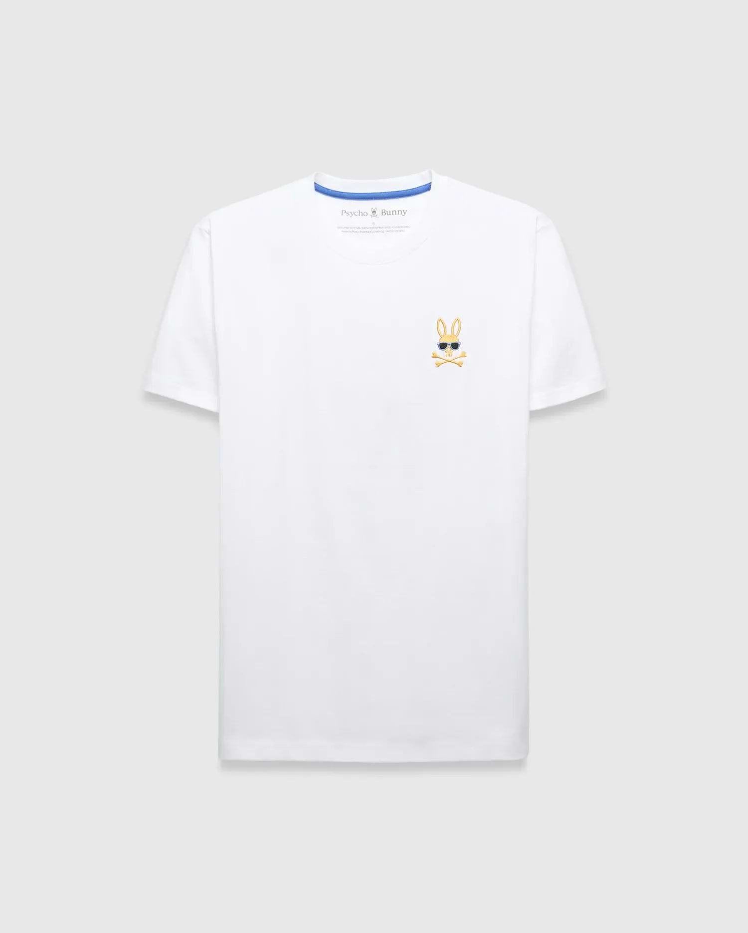 Mens Sunny Chest Graphic Tee, a classic fit white jersey t-shirt featuring a small embroidered gold Psycho Bunny skull logo with black sunglasses and white crossbones on the left chest, with blue inner collar trim.
