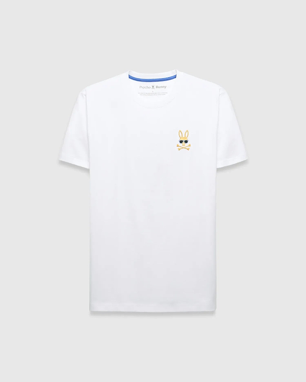 Mens Sunny Chest Graphic Tee, a classic fit white jersey t-shirt featuring a small embroidered gold Psycho Bunny skull logo with black sunglasses and white crossbones on the left chest, with blue inner collar trim.