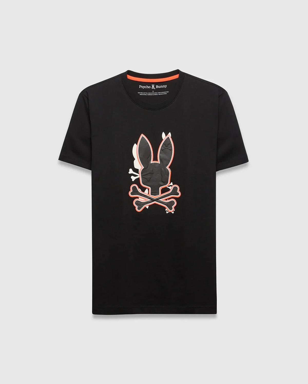 Mens Tanner Bunny Graphic Tee, black classic fit jersey t-shirt with a large central textured Psycho Bunny skull logo, outlined in vibrant orange and white, featuring orange neck tape.