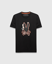 Mens Tanner Bunny Graphic Tee, black classic fit jersey t-shirt with a large central textured Psycho Bunny skull logo, outlined in vibrant orange and white, featuring orange neck tape.