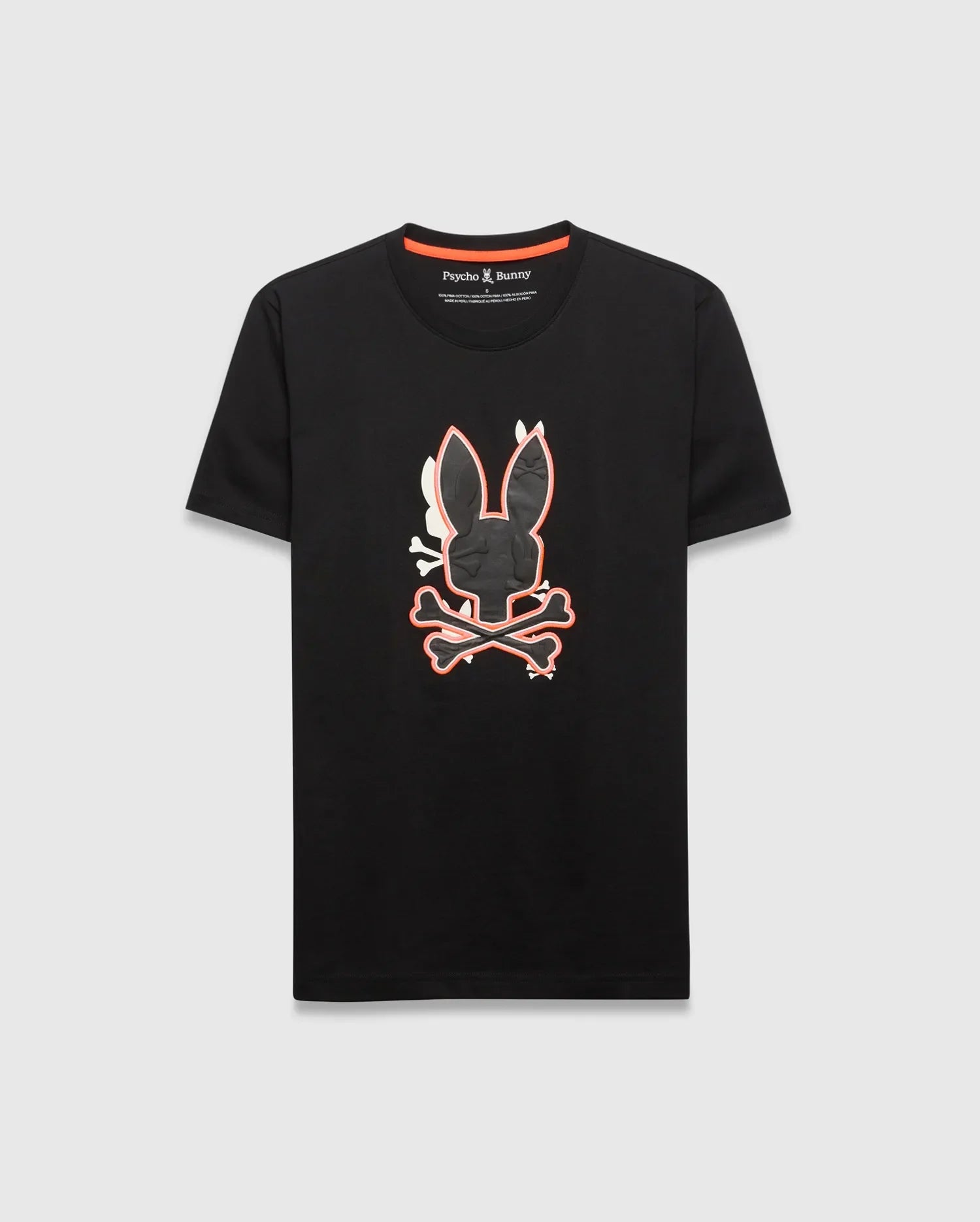 Mens Tanner Bunny Graphic Tee, black classic fit jersey t-shirt with a large central textured Psycho Bunny skull logo, outlined in vibrant orange and white, featuring orange neck tape.