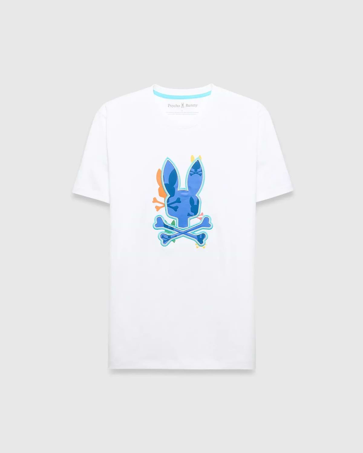 Tanner Bunny Graphic Tee, a classic fit white jersey t-shirt featuring a large, vibrant blue, orange, yellow, and green abstract Psycho Bunny skull graphic on the chest, with a small brand logo on the inner neck. (1)